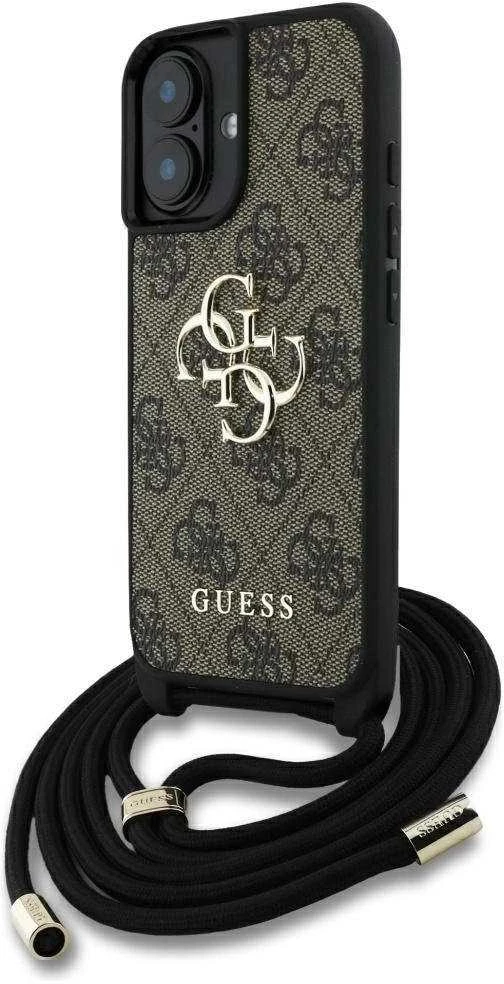 Dėklas Guess 4G Big Logo Cord Stap Crossbody Apple iPhone 16 Plus rudos spalvos