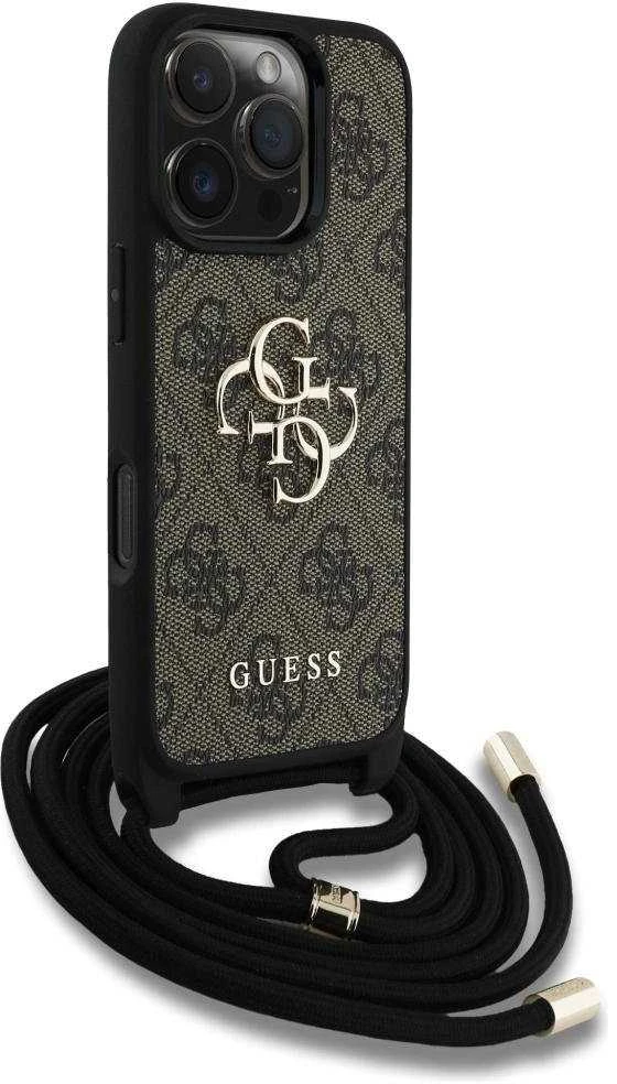 Dėklas Guess 4G Big Logo Cord Stap Crossbody Apple iPhone 16 Pro rudos spalvos