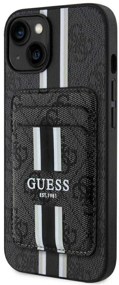 Guess 4G Stripes su portfelem Magsafe Apple iPhone 15 dėklas telefonui juodos spalvos
