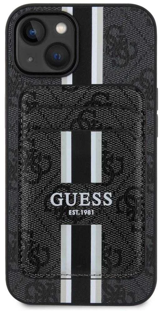 Guess 4G Stripes su portfelem Magsafe Apple iPhone 15 dėklas telefonui juodos spalvos