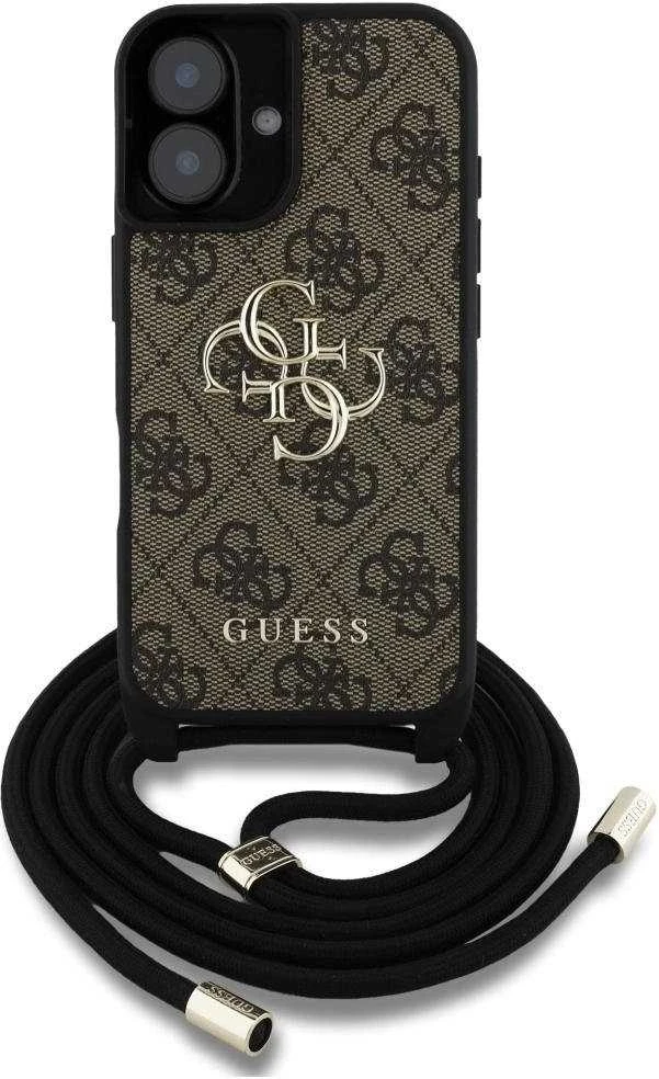 GUESS dėklas skirtas Apple iPhone 16 GUHCP16SP4GMGCRW (CBDY PU 4G Big Logo W/Cord Strap) rudos spalvos