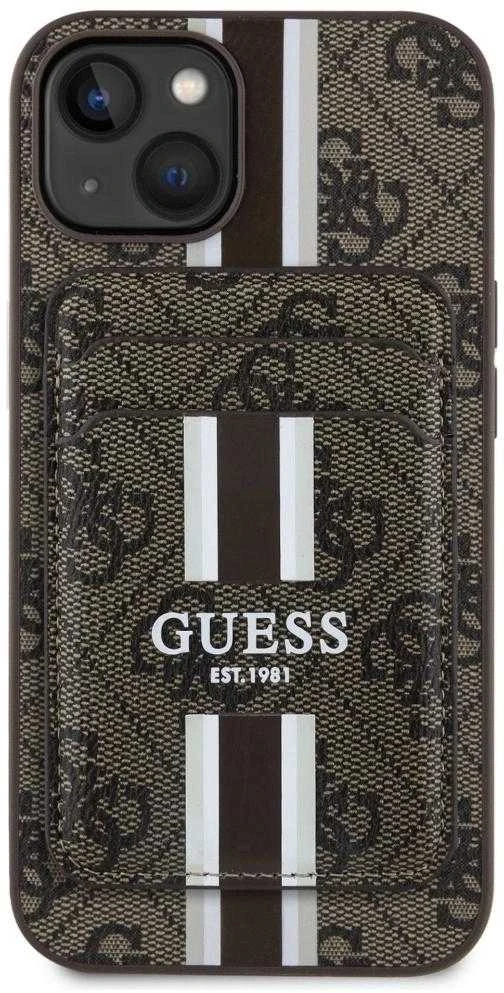 Dėklas Guess 4G Stripes with wallet Magsafe Apple iPhone 15 rudos spalvos