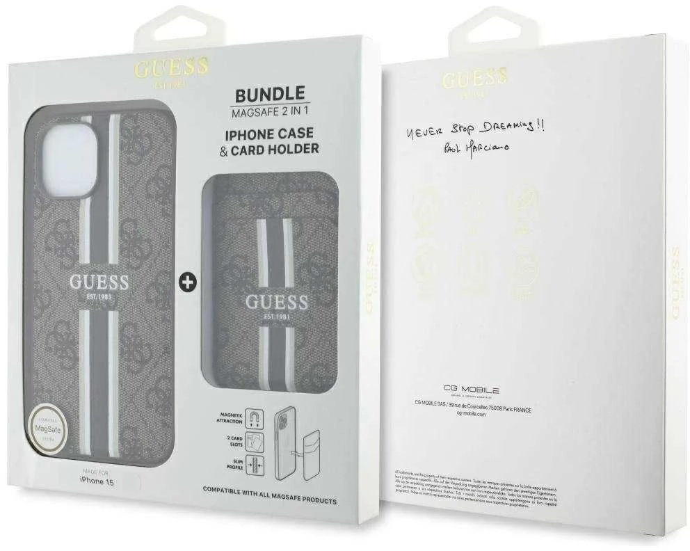 Dėklas Guess 4G Stripes with wallet Magsafe Apple iPhone 15 rudos spalvos