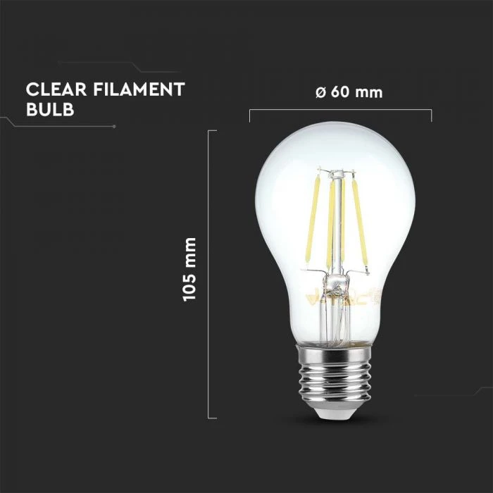 V-tac 4W LED filamentinė lemputė, A60, E27, 6500K