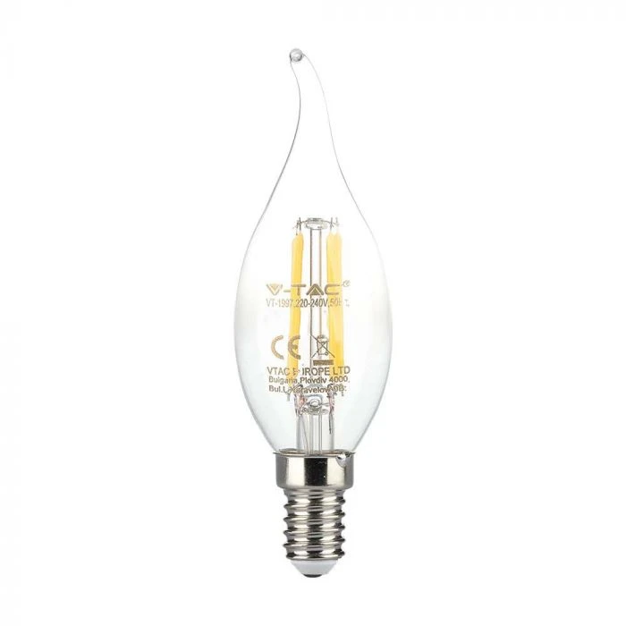 V-tac 4W LED filamentinė lemputė, E14, žvakės formos, 3000K