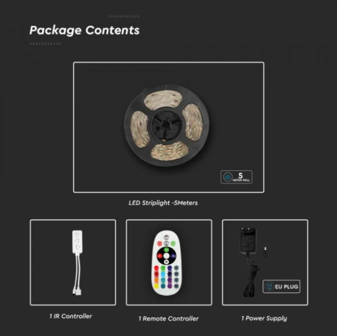 4W/m, 12V LED juosta V-TAC, RGB+3in1, IP65, suderinama su Amazon Alexa ir Google Home, 5m ilgio