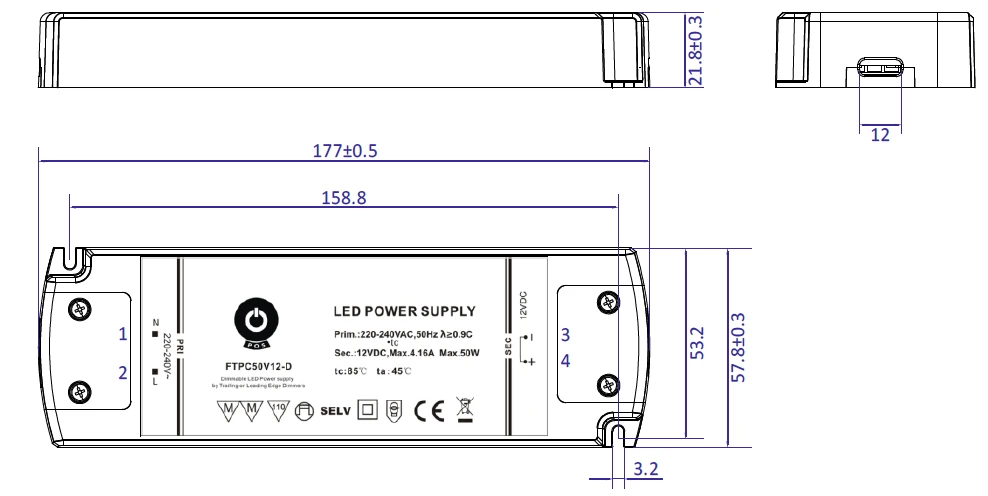 50W maitinimo šaltinis POS, 12V IP20, dimeriuojamas