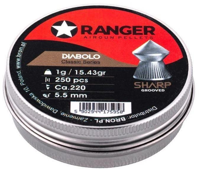 5.5 mm RANGER Diabolo Klasikinės su grioveliais, smailus galiukas, 250 vnt., 1.00 g