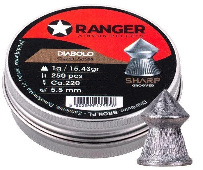 5.5 mm RANGER Diabolo Klasikinės su grioveliais, smailus galiukas, 250 vnt., 1.00 g