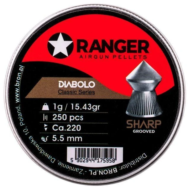5.5 mm RANGER Diabolo Klasikinės su grioveliais, smailus galiukas, 250 vnt., 1.00 g