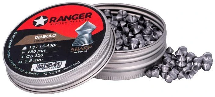 5.5 mm RANGER Diabolo Klasikinės su grioveliais, smailus galiukas, 250 vnt., 1.00 g