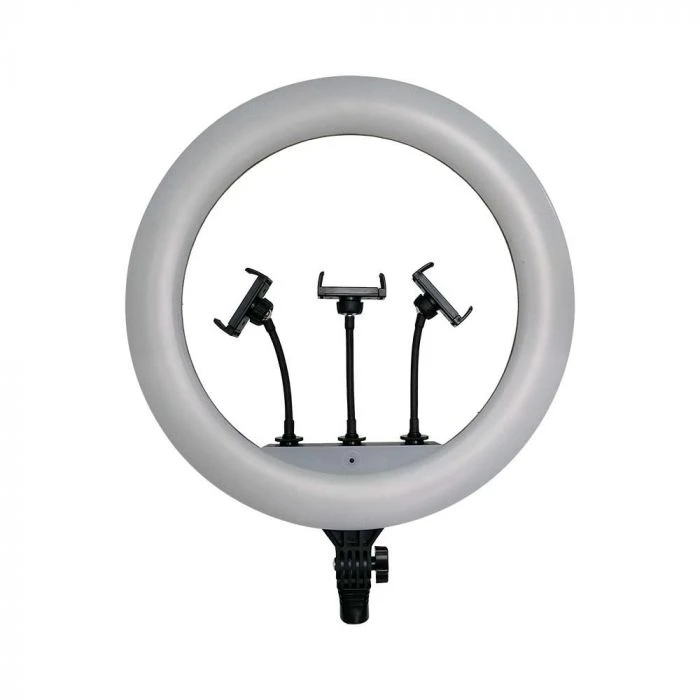 V-tac 55W LED šviečiantis žiedas, juodas, 3200K-5800K, su 3 telefonų laikikliais ir nuotolinio valdymo funkcija