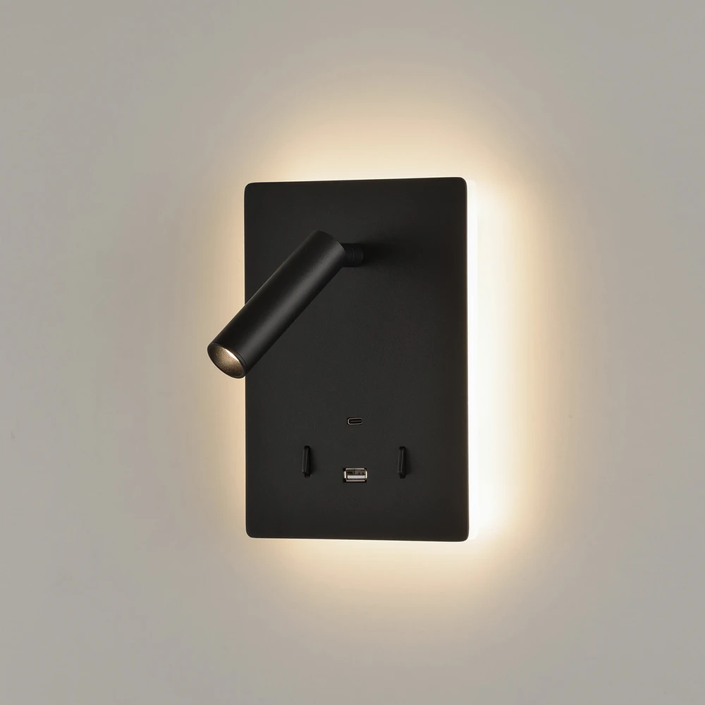5W + 3W LED sieninis šviestuvas MANAT, juodas, 3000K, su USB ir USB C jungtimis, A3568002N