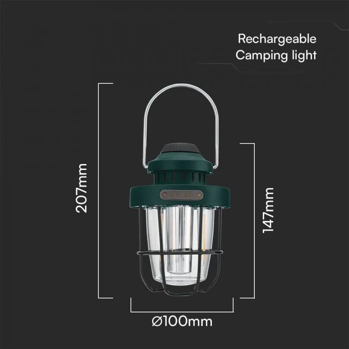 V-tac 5W LED įkraunamas žibintas, žalias, 2700-6500K, IP44, dimeriuojamas