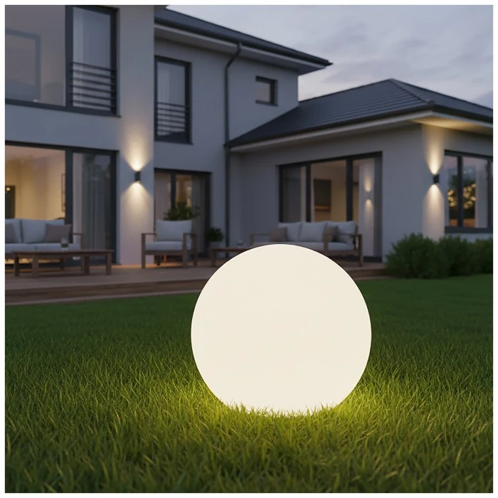 5W LED įsmeigiamas šviestuvas su saulės baterija GARDEN BALL, baltas, 3000K/RGB