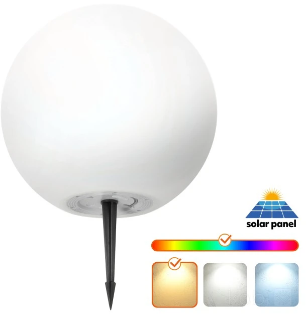5W LED įsmeigiamas šviestuvas su saulės baterija GARDEN BALL, baltas, 3000K/RGB