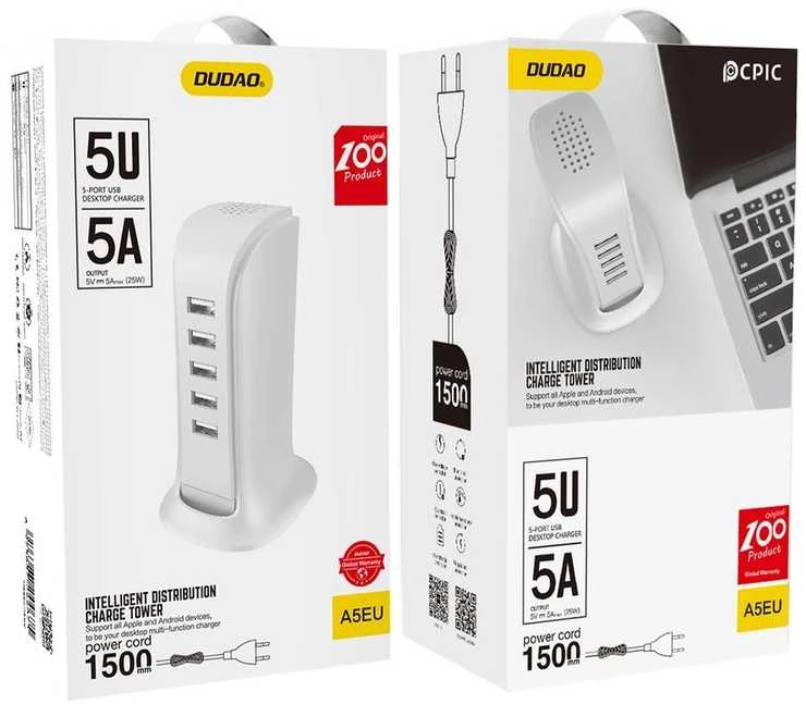 Dudao 5x USB įkroviklis su integruotu ES maitinimo laidu, baltas (A5EU)