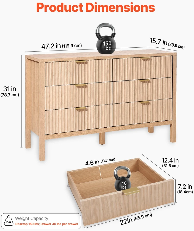 VEVOR 6 stalčių komoda iš medžio