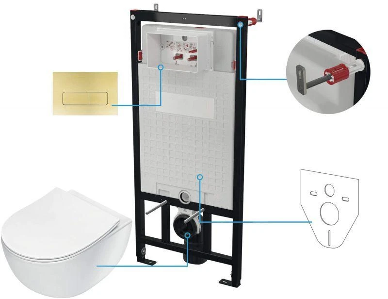 Potinkinis WC komplektas Deante Peonia 6in1, CDER6ZPW, Baltas/Brushed auksinis