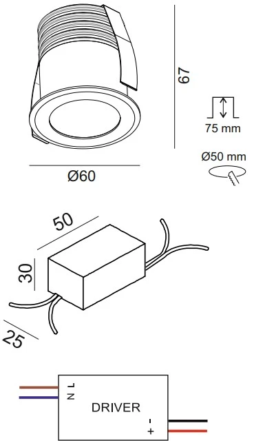 6,3W LED įleidžiamas šviestuvas RAIN IP, grafito sp., 3000K, 50°, IP65