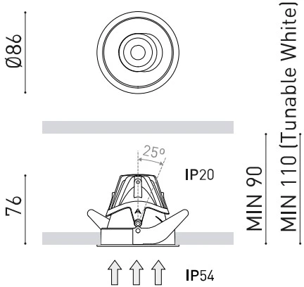 6,7W LED įleidžiamas šviestuvas BUDDY TILT MEDIUM, juodas, 2700-5000K, IP54, 43°, DALI