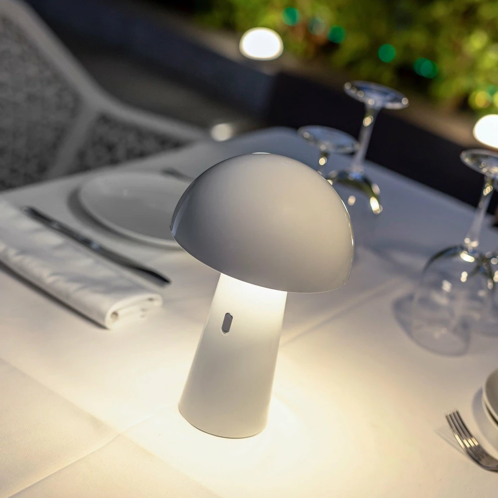 7,5W LED įkraunamas stalo šviestuvas SHITAKE, baltas, 3000K, IP44, su MicroUSB jungtimi, dimeriuojamas