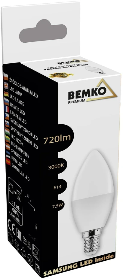 Bemko 7,5W LED lemputė, E14, 3000K, 180°