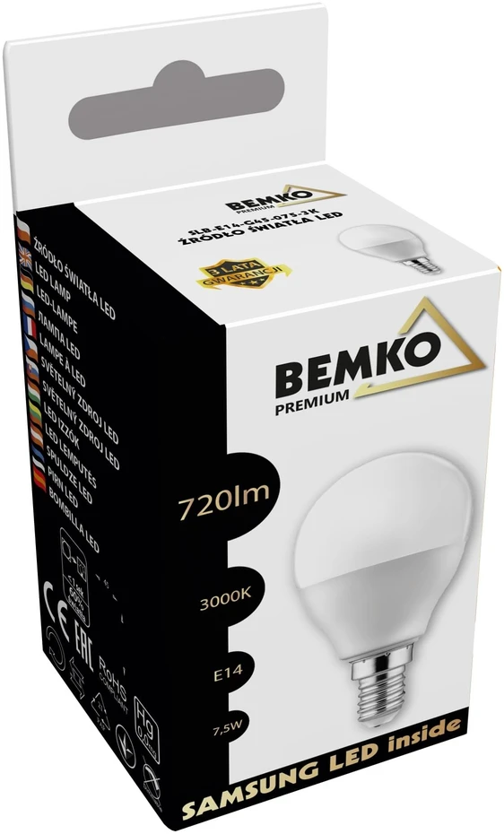 Bemko 7,5W LED lemputė, E14, 3000K, 200°