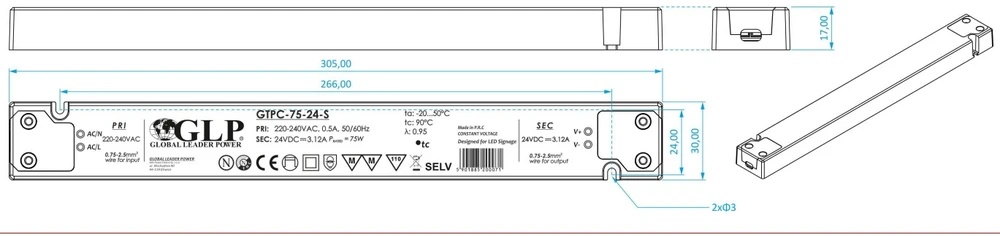 75W LED maitinimo šaltinis GTPC SLIM, 12V, IP20