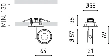 8,5W įleidžiamas šviestuvas SIX S RECESSED, baltas, 3000K, 34°, su maitinimo šaltiniu