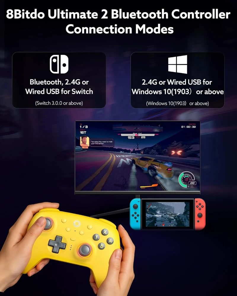 8Bitdo belaidis žaidimų pultas Ultimate 2 Bluetooth su RGB žiedu, TMR svirtelėmis ir programuojamais mygtukais, geltonas
