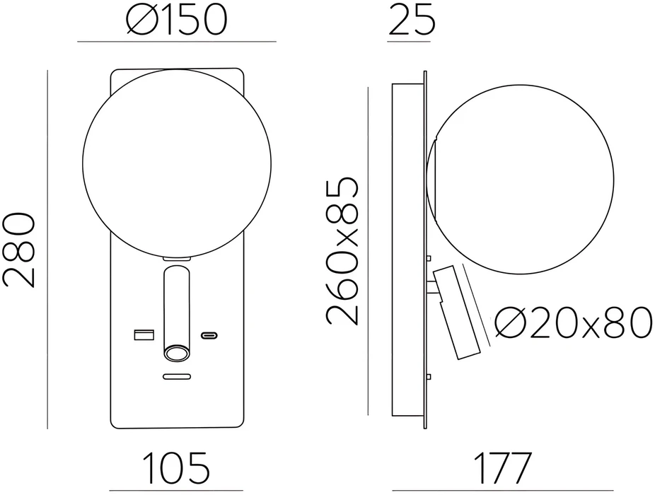 8W + 3W LED sieninis šviestuvas KIN, juodos/baltos sp., 2700K, su USB ir USB C jungtimis, A8169291N