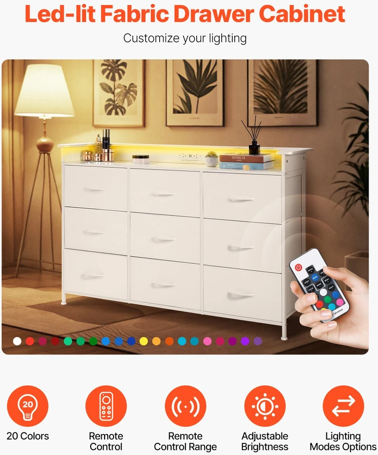 VEVOR 9 stalčių aukšta komoda su LED ir elektros lizdais