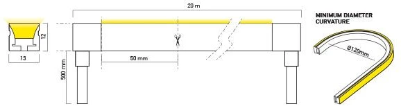 9,6W/m LED šviečiantis kabelis XMAGIS 13x12MM, 3000K, 120LED/m, 24V, IP67, 5 metrų ritė