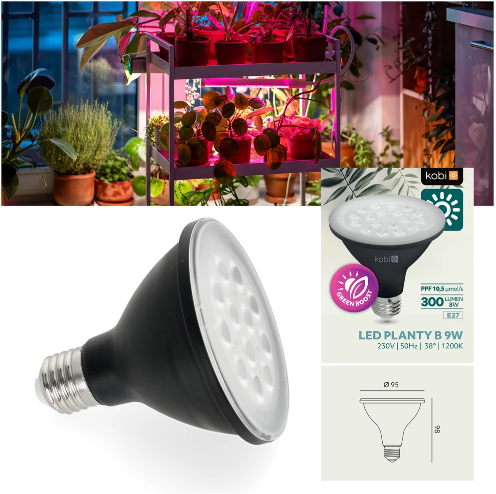 9W LED augalų auginimo lemputė PLANTY, E27, juoda, 1200K