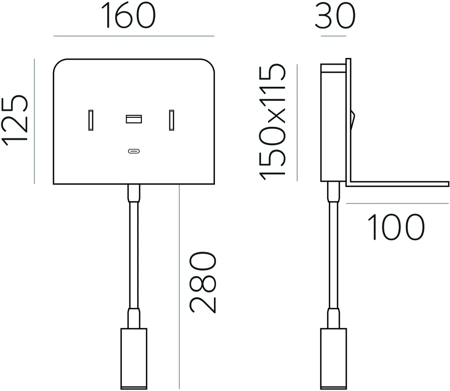 9W LED sieninis šviestuvas CALMA, baltas, 3000K, su skaitymo šviestuvėliu ir USB, A3836001B