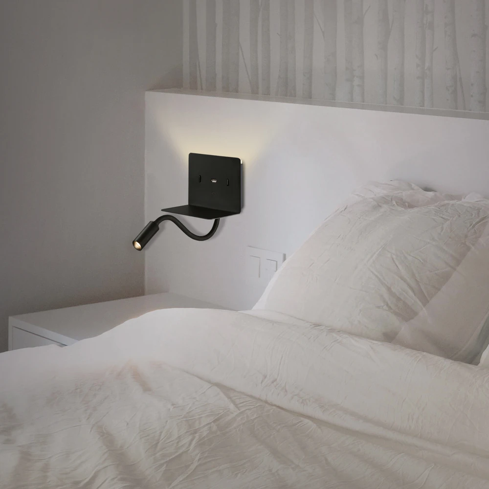 9W LED sieninis šviestuvas CALMA, juodas, 3000K, su skaitymo šviestuvėliu ir USB, A3836001N