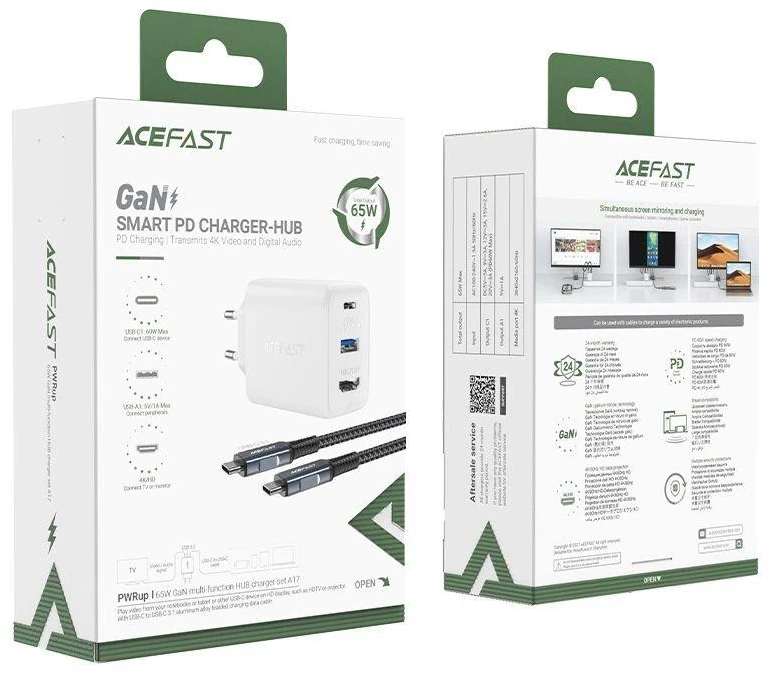 Acefast 2in1 įkroviklis GaN 65W USB Type C / USB, adapter adapter HDMI 4K @ 60Hz (set su kabelis) baltos spalvos (A17 baltos spalvos)