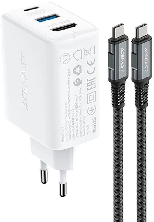 Acefast 2in1 įkroviklis GaN 65W USB Type C / USB, adapter adapter HDMI 4K @ 60Hz (set su kabelis) baltos spalvos (A17 baltos spalvos)