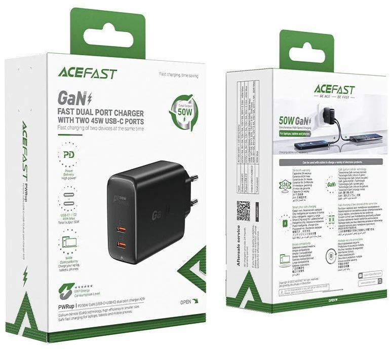 Sieninis įkroviklis Acefast A29 PD50W GAN 2x USB-C 50W (juodas)