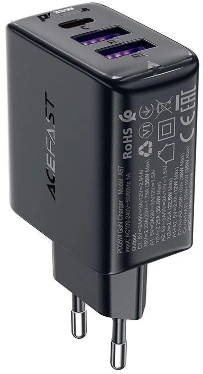 Sieninis įkroviklis Acefast A57 GaN 2xUSB-A+USB-C PD35W EU (juodas)