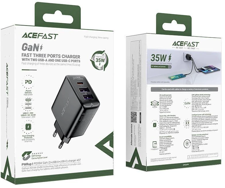 Sieninis įkroviklis Acefast A57 GaN 2xUSB-A+USB-C PD35W EU (juodas)