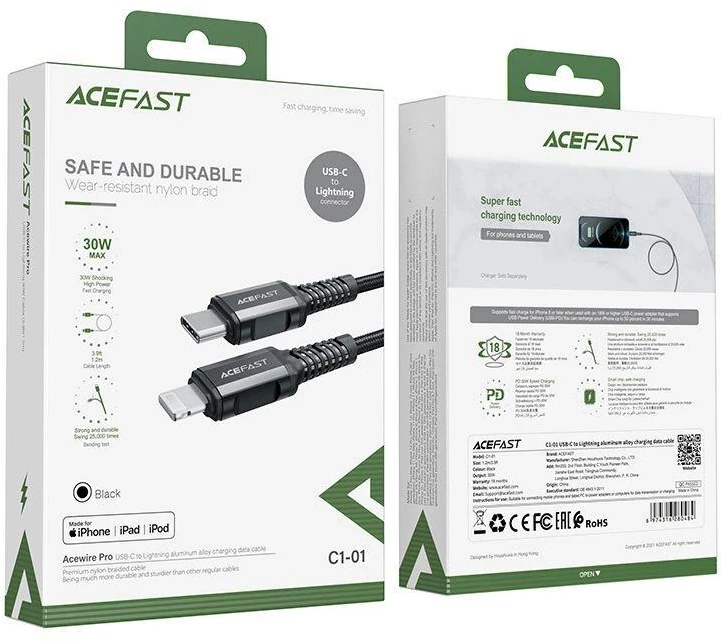 USB-C laidas į Lightning Acefast C1-01, 1.2 m (juodas)