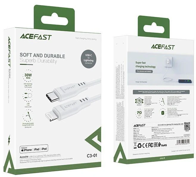 USB laidas MFI Acefast C3-01, USB-C iki Lightning, 30 W, 1,2 m (baltas)