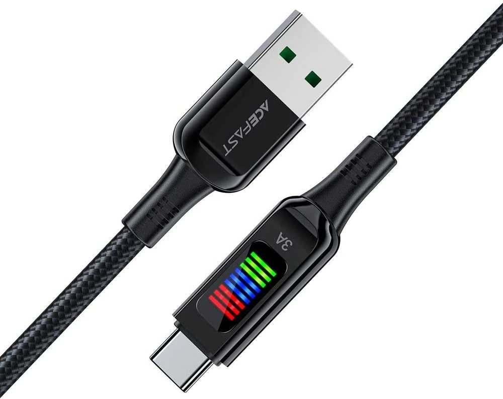 Acefast C7-04 USB-A USB-C 60W 1.2m kabelis su ekranu – juodos spalvos