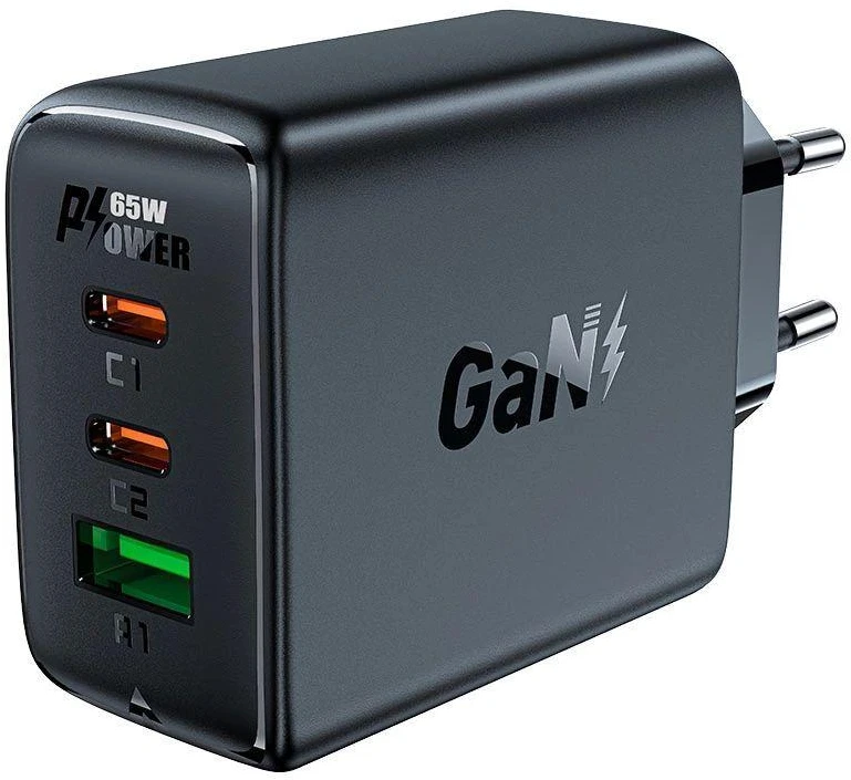 Acefast A41 sieninis įkroviklis, 2x USB-C + USB, GaN 65W (juodas)