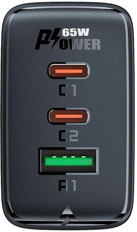 Acefast A41 sieninis įkroviklis, 2x USB-C + USB, GaN 65W (juodas)