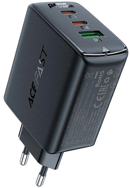 Acefast A41 sieninis įkroviklis, 2x USB-C + USB, GaN 65W (juodas)