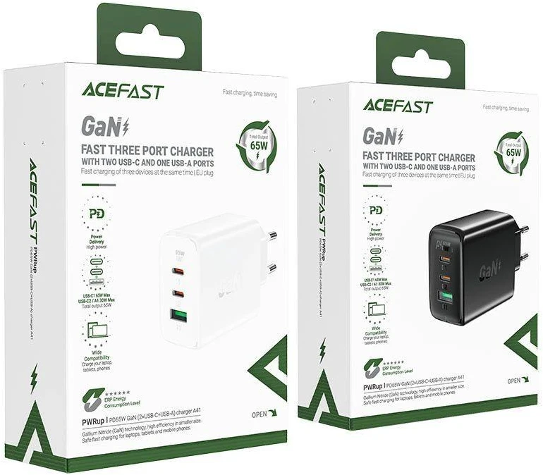 Acefast A41 sieninis įkroviklis, 2x USB-C + USB, GaN 65W (juodas)