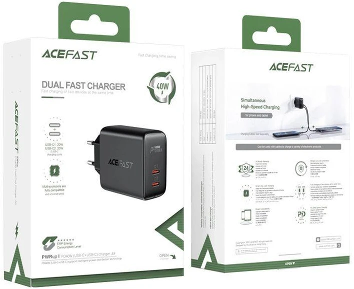 Sieninis įkroviklis Acefast A9, 2x USB-C, PD 40W (Juoda)